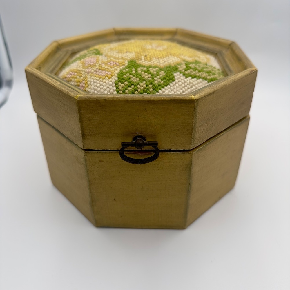 Antique Octagon Wood Trinket Box Needlepoint Floral Lid Green Felt Lining